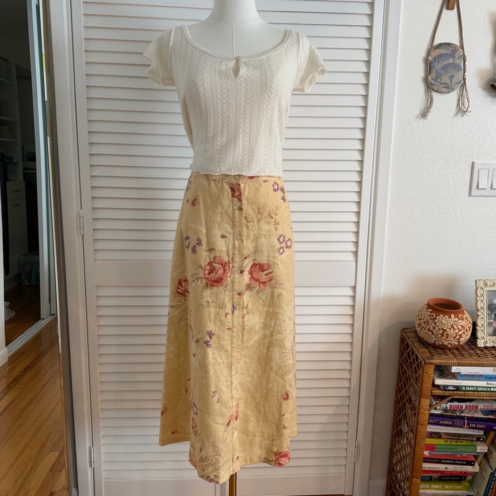 Ralph Lauren Floral Midi Skirt in Pale Yellow with Pink & Purple Roses